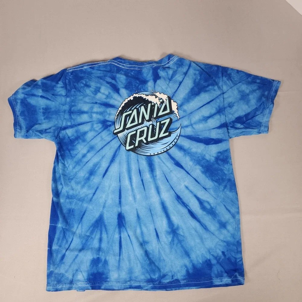 Santa Cruz Skateboards Youth Medium Blue Tie Dye Wave Logo Graphic T-Shirt